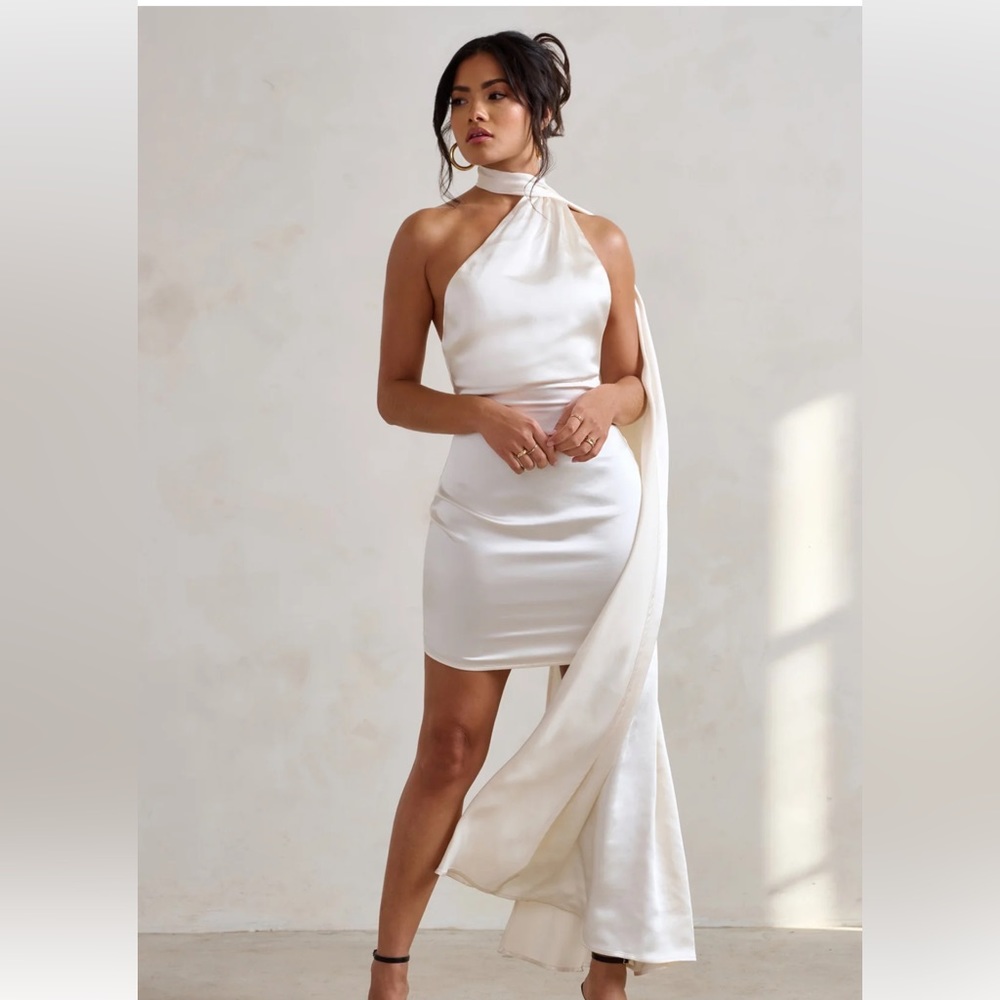 CREAM ASYMMETRIC NECK MINI DRESS WITH SCARF DETAIL